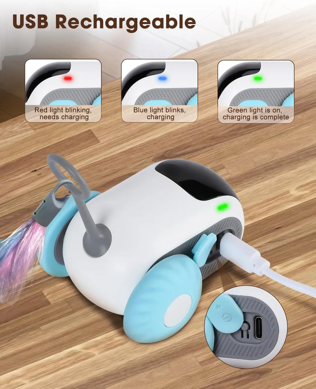 Blue or orange smart electronic cat toy car with feather teaser and remote control on floor.