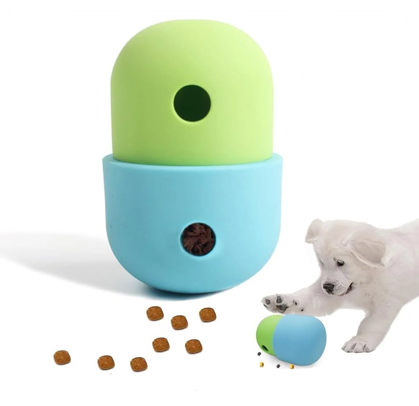 Food grade silicone dog puzzle toy with treat dispensing function in white and blue colour option