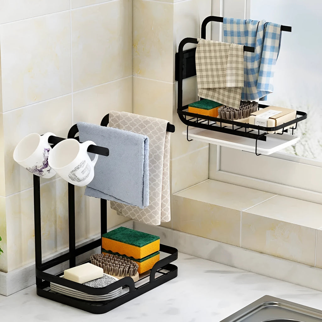 Folding plastic kitchen storage rack for rag draining with wall mount and table top options