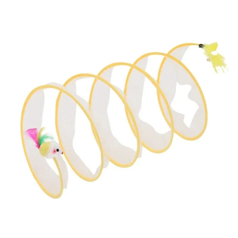Folded cat tunnel S type in striped pattern with mouse and feather attachments on each end