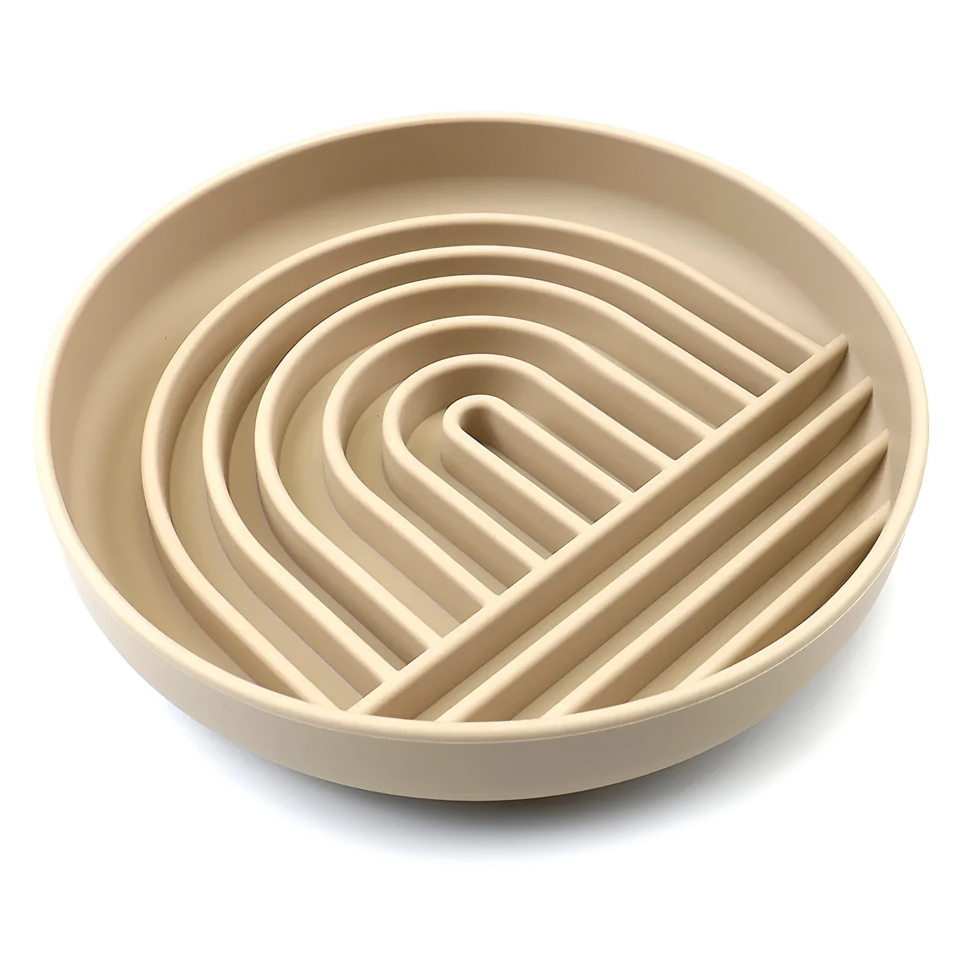 Silicone slow feeder dog bowl with textured ridges and nooks for slow eating, shown in assorted colours.