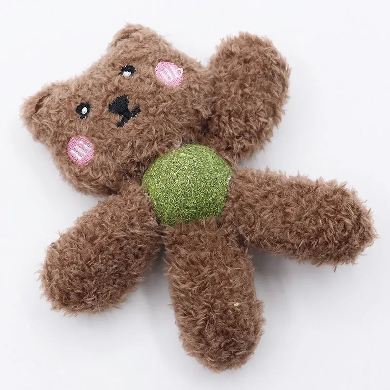 Edible catnip ball chewing toy for cats with plush animal design for dental enrichment
