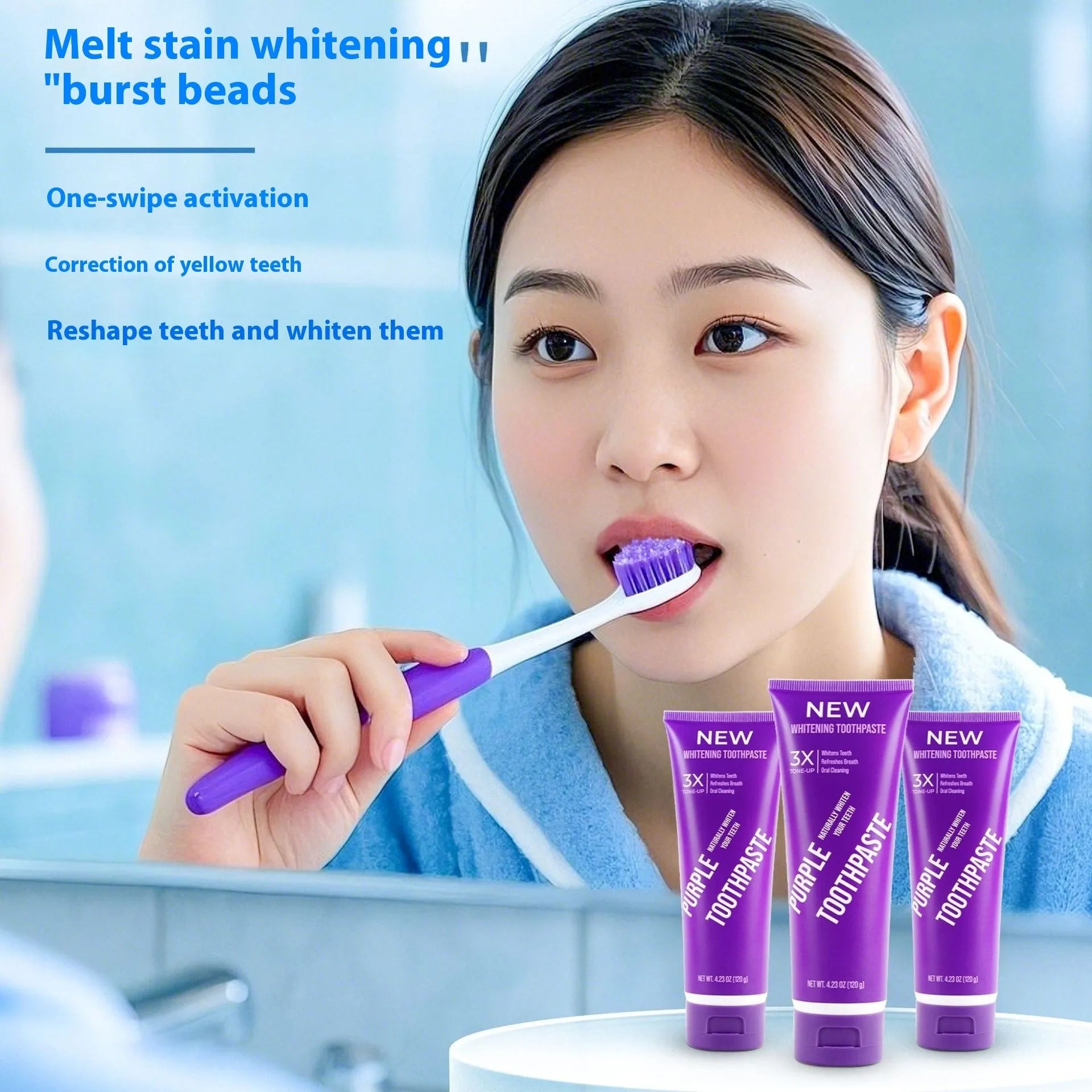 Purple whitening toothpaste tube for adults in 120g and 65g sizes for yellow stain removal