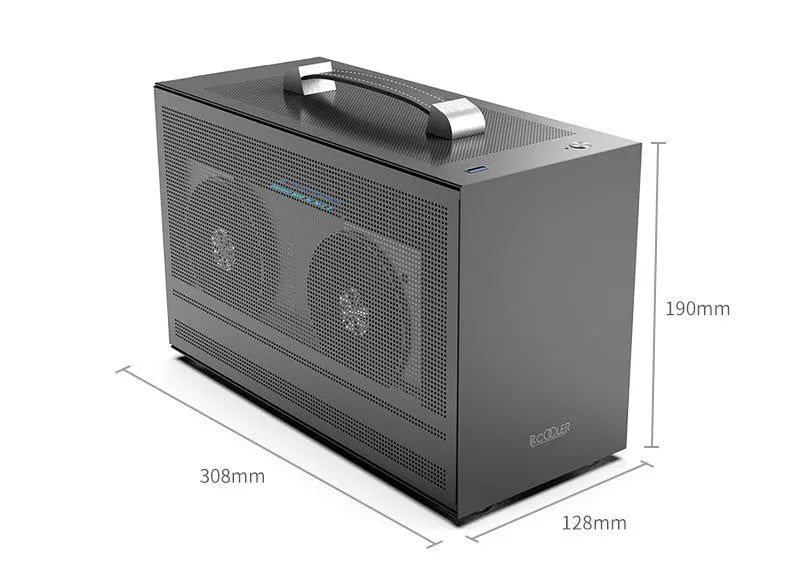 Three Hummingbird PRO portable ITX desktop chassis in titanium gray or white with tinned steel construction