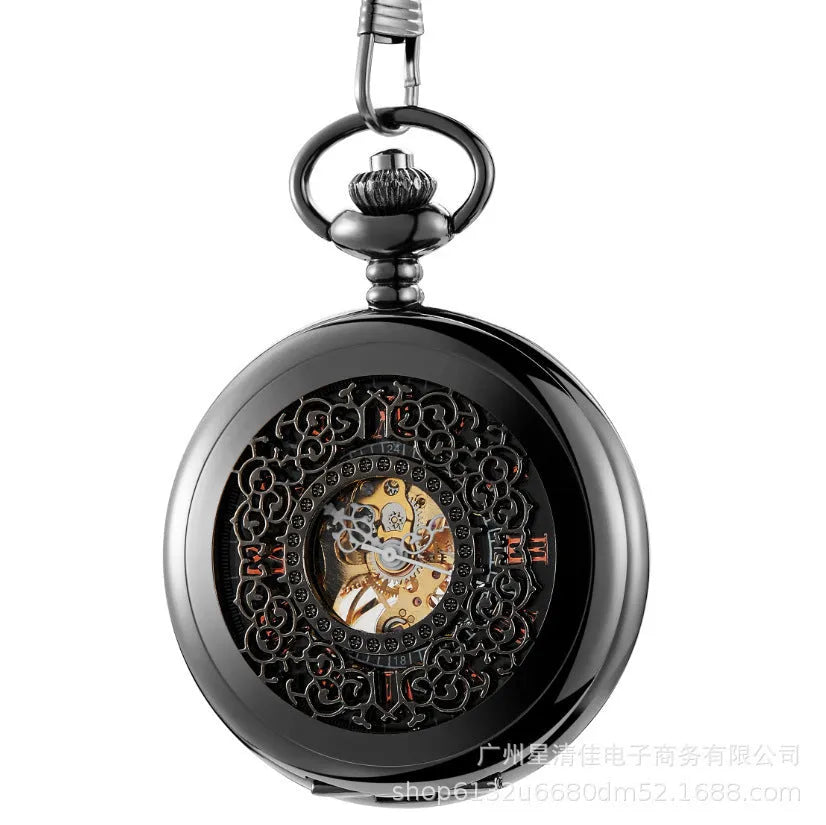 Retro floral print automatic mechanical pocket watch with transparent case back and alloy construction