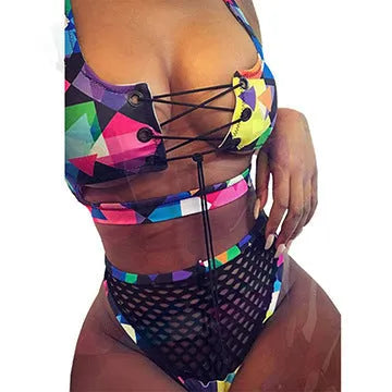 Women's cross strap fishnet high waist bikini set in multicolor checkered pattern, polyester swimsuit with top and shorts