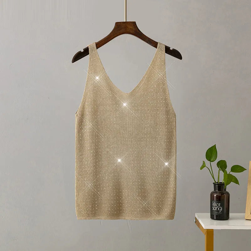 Ice silk knitted bright thread diamond-encrusted V-neck camisole in slim fit, shown in multiple colours including black, white, pink, and khaki