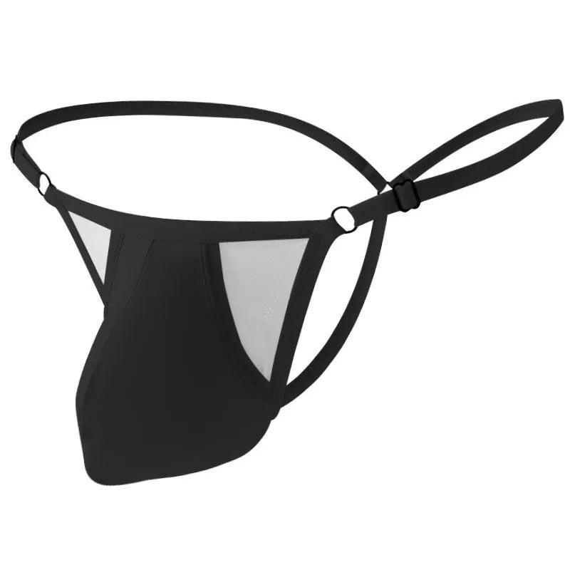 Men's ice silk T-back briefs with geometric pattern and adjustable thin straps in multiple colour options