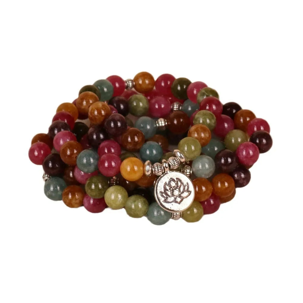 Tourmaline coloured alloy bracelet with 108 beads in lotus hanging multi-layer design