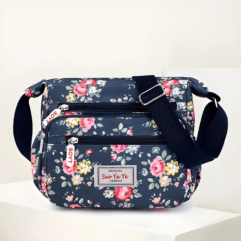 Lightweight printed nylon shoulder bag with double straps and floral or butterfly design
