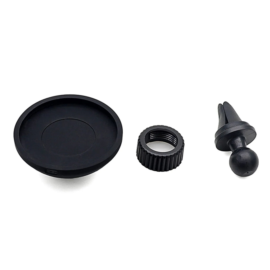 Black magnetic mobile phone car holder with snap-in design showing dual mounting options