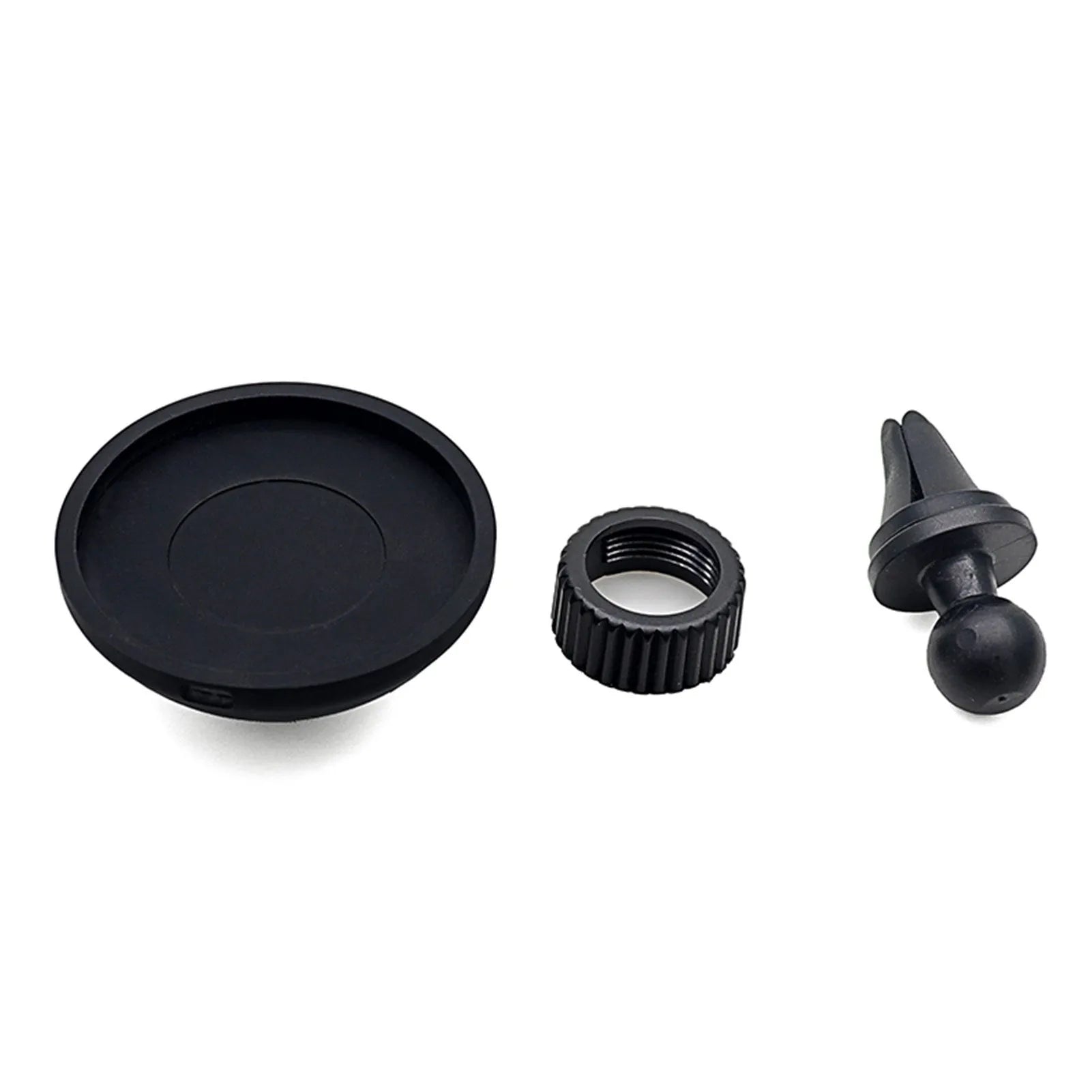 Black magnetic mobile phone car holder with snap-in design showing dual mounting options
