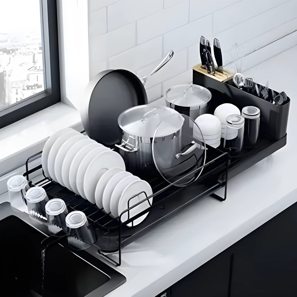 Carbon steel retractable cutlery drain rack with foldable design for kitchen utensil drying