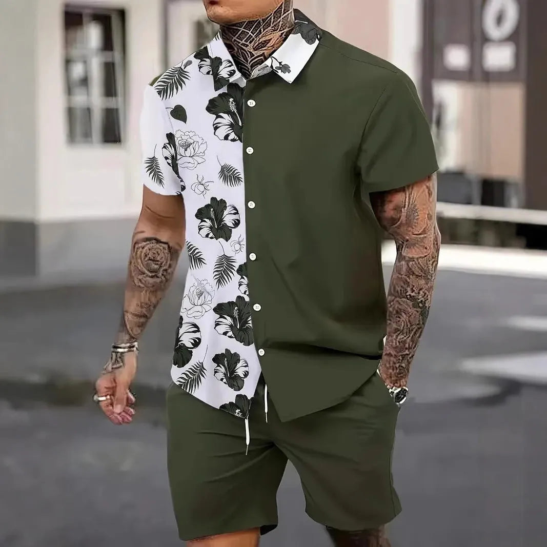 Men's Hawaiian 3D printed short sleeve suit with matching trousers in various colours