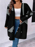 Black plus size polyester cardigan with button fastening in Japanese-Korean casual style
