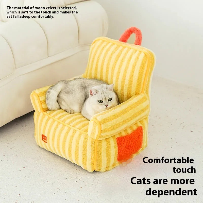 Striped soft velvet dog bed with removable cover in orange, purple or yellow colour options