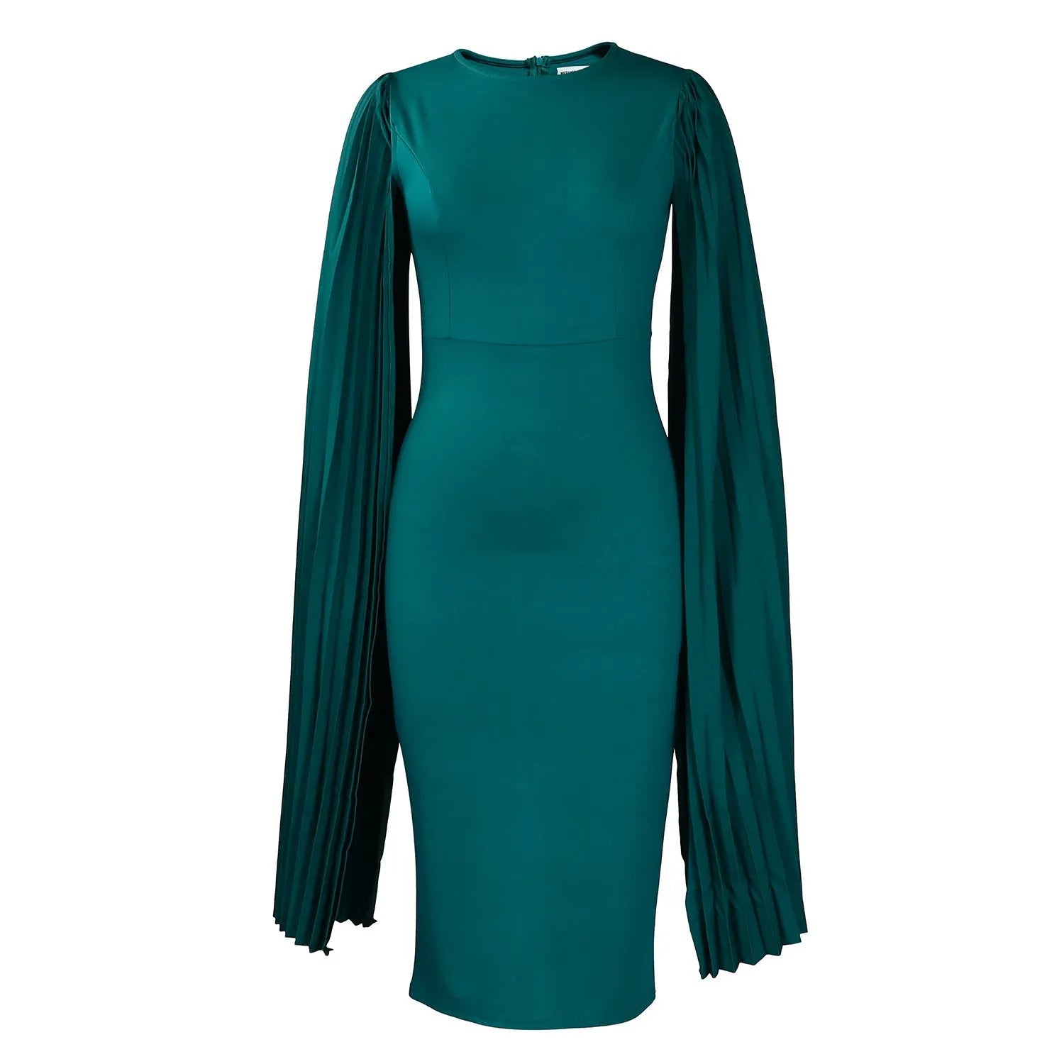 Round neck high waist evening gown with long sleeves and a pleated shawl in yellow, orange, red, or green.