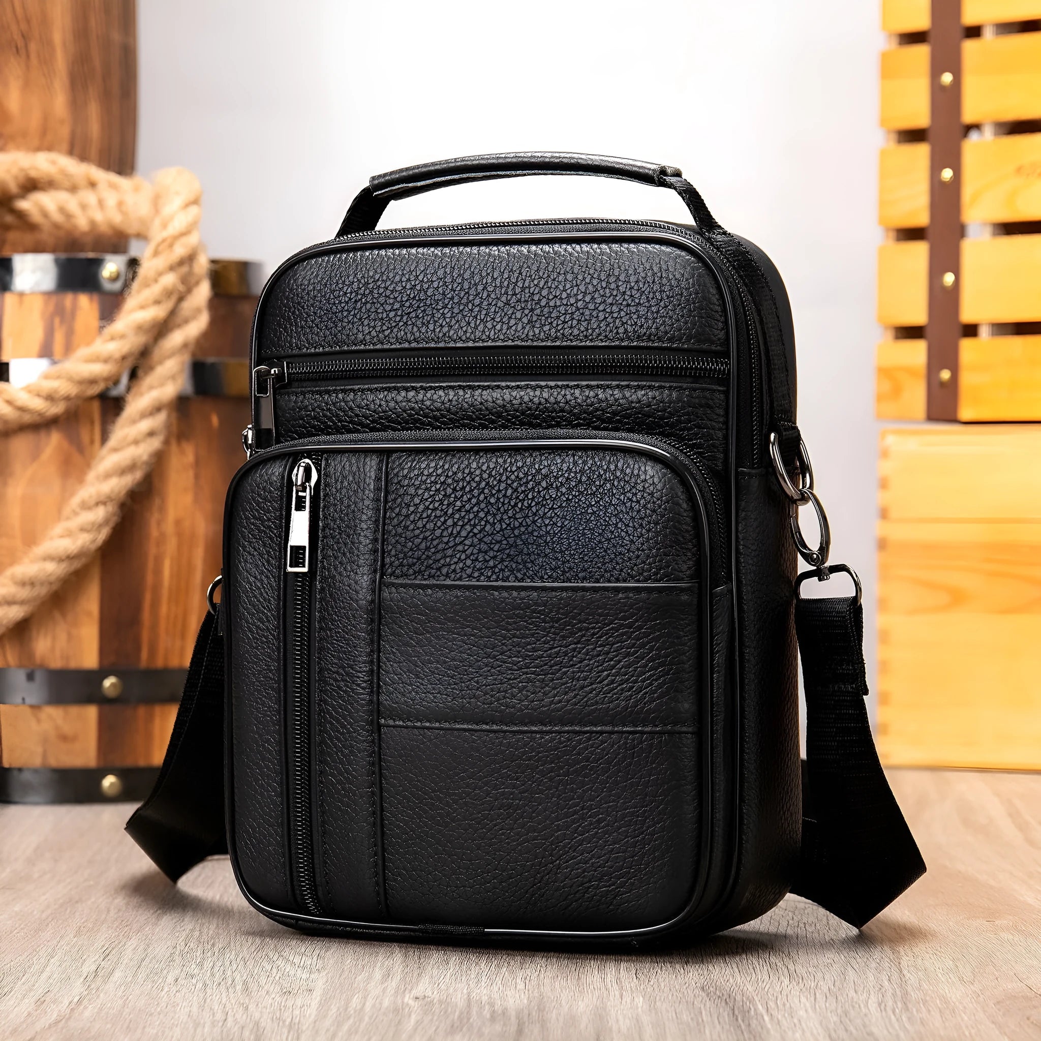 Men's vintage style genuine leather shoulder bag in a square shape with multiple internal pockets.
