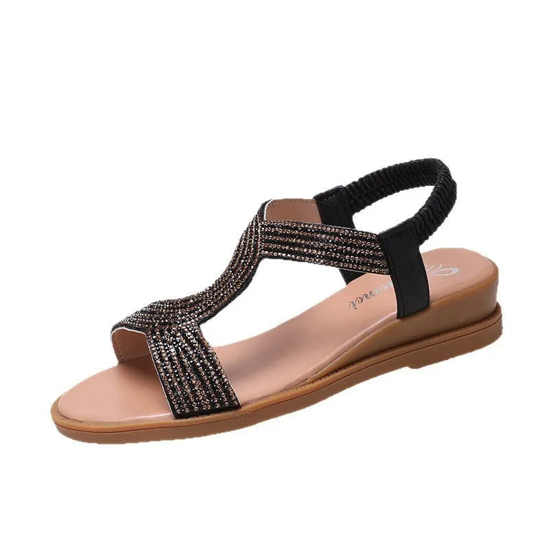 Women's patent leather beach sandals with rhinestone decoration in gold, silver, or black colours