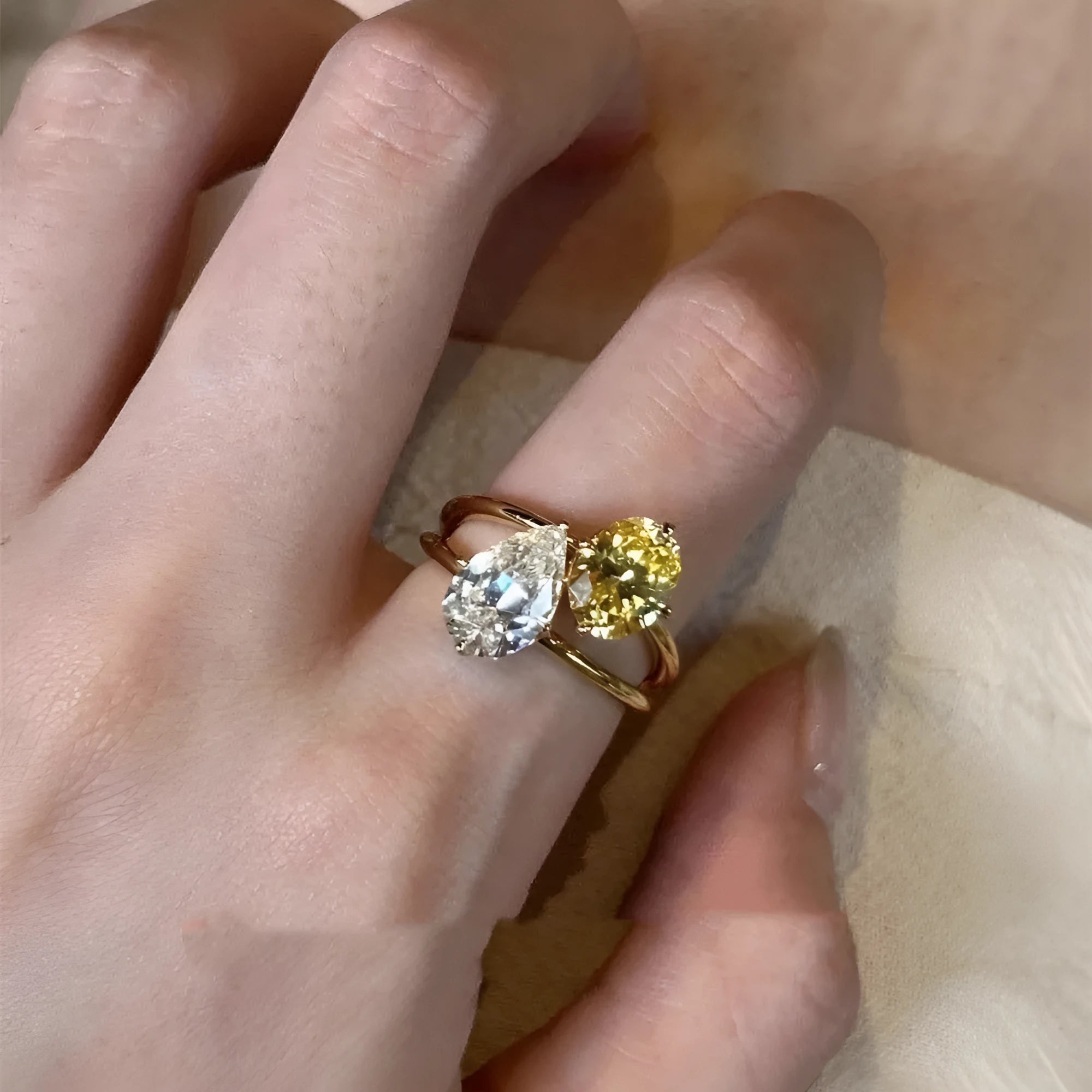 Copper geometric open ring with water drop zircon stone centrepiece jewellery