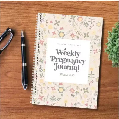 A5 Pregnancy Weekly diary notebook open showing weekly sections with 165x240mm dimensions