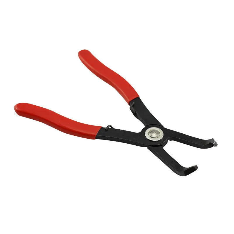 Red round nail removal pliers with PVC handles, jaws open, for door panel and wire buckle extraction.