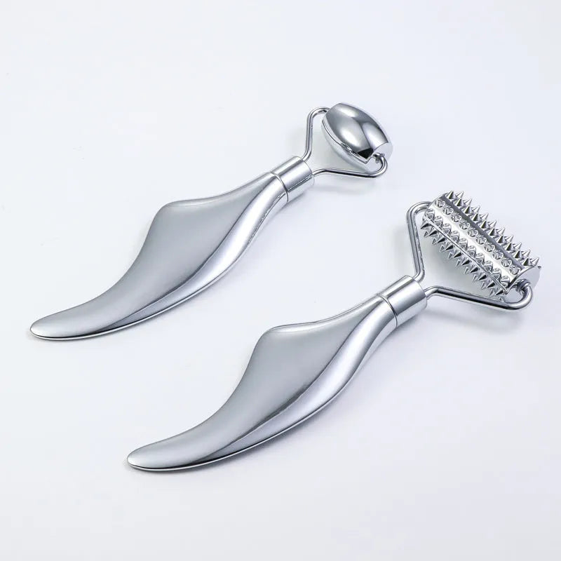 Stainless steel facial massage roller and scraping board set with heart-shaped eye tool