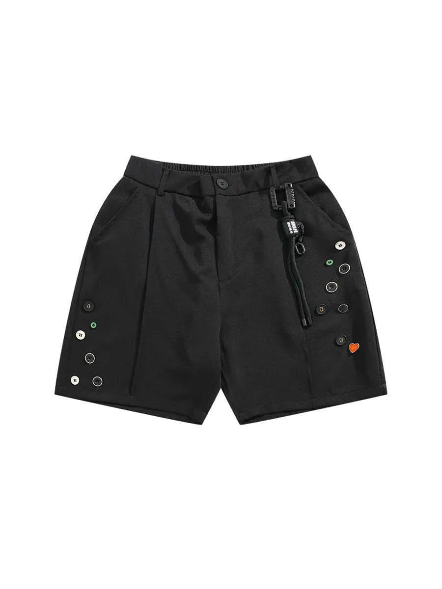 Men's black semi-elastic shorts with straight-leg loose fit and zip fly closure