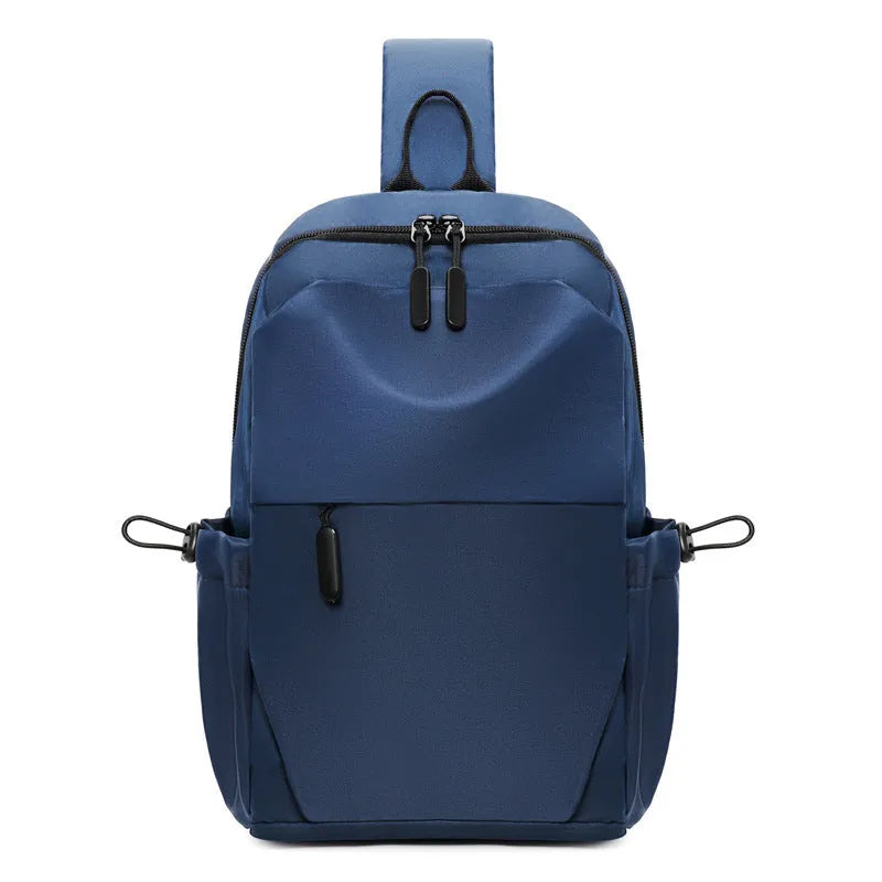 Men's grey waterproof chest bag showing front view with shoulder strap and large main compartment.