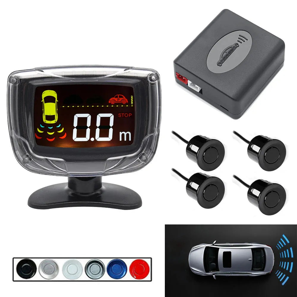 Wireless car reversing sensor kit with main unit, four probes, LED display, and installation tools.