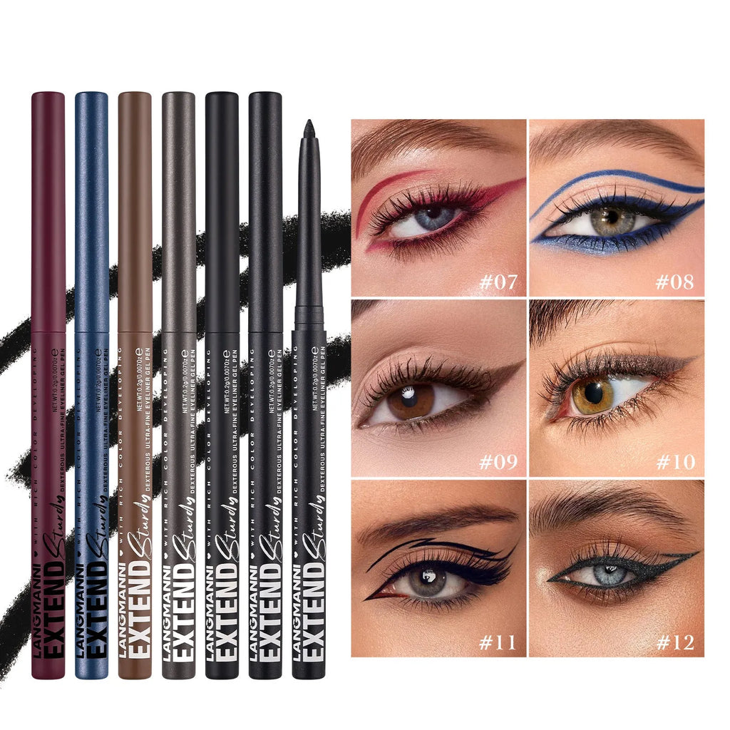 12 colourful gel eyeliner pencils with matte, glitter, metallic and pearl effects displayed together