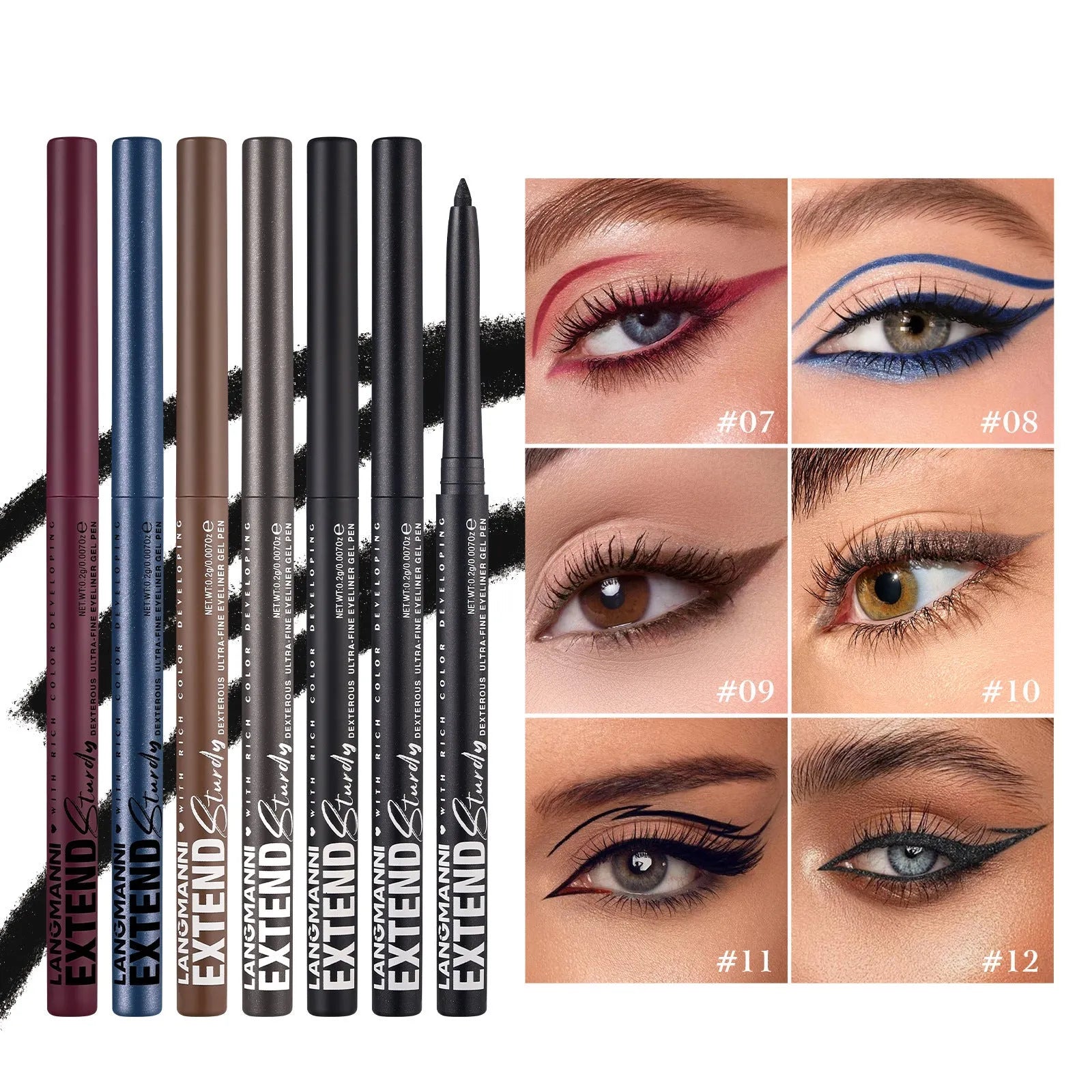 12 colourful gel eyeliner pencils with matte, glitter, metallic and pearl effects displayed together