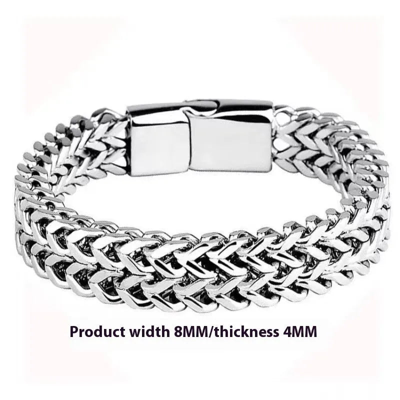 Geometric stainless steel men's bracelet showing front and back design in silver colour