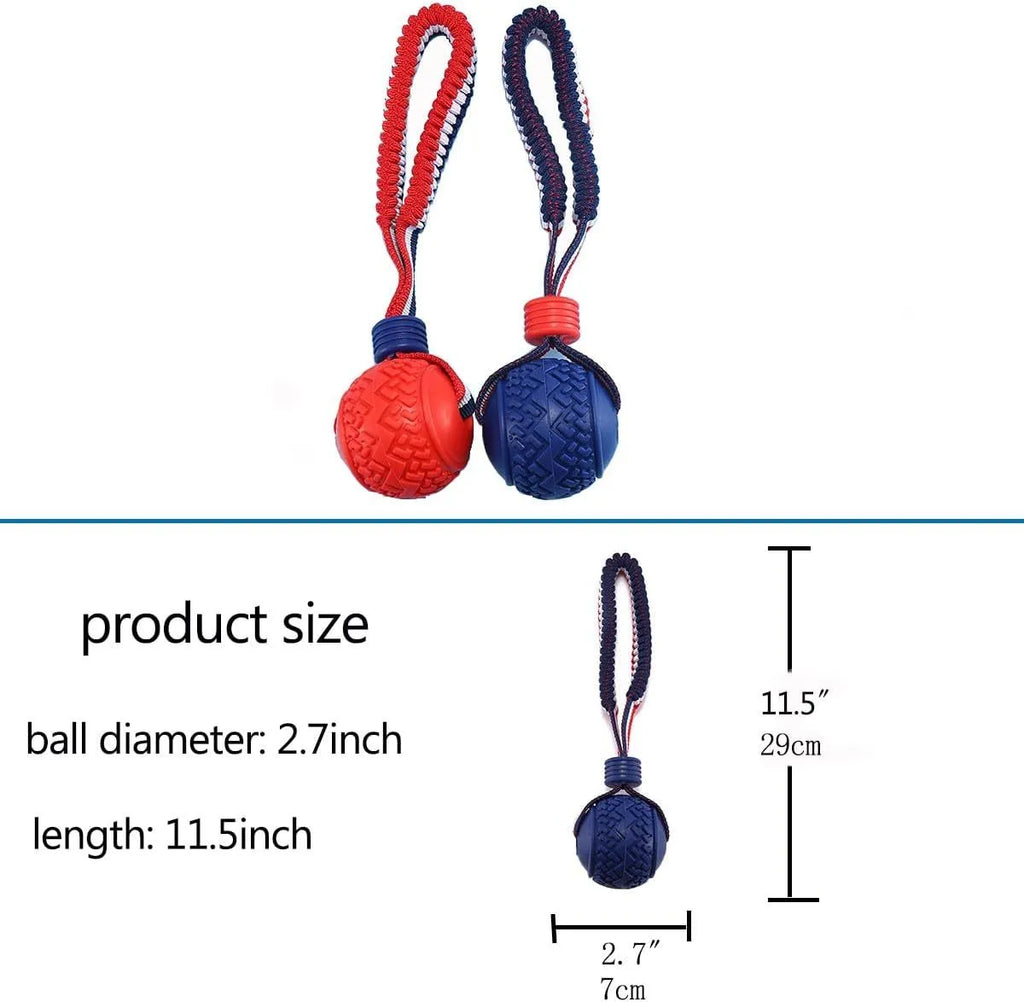 Blue and red dog ball with rope toy showing 6.5cm rubber ball attached to rope