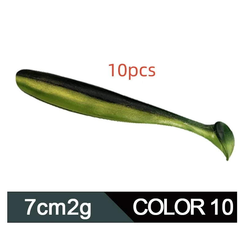 Soft plastic T-tail fishing lure in two-tone mandarin fish pattern, 7cm long.
