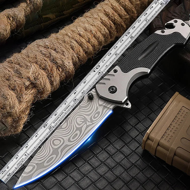 Alloy folding knife with blade extended showing 60-degree tip angle and 115mm handle