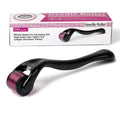 Black derma roller with titanium microneedles showing six size options from 0.2mm to 1.0mm