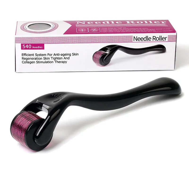 Black derma roller with titanium microneedles showing six size options from 0.2mm to 1.0mm