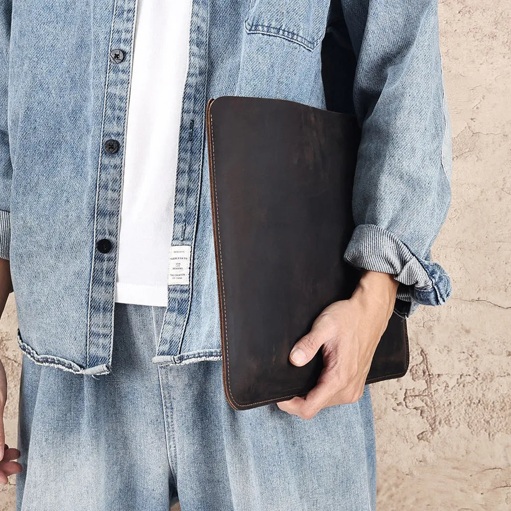Brown genuine leather computer bag with horizontal design and cowhide lining