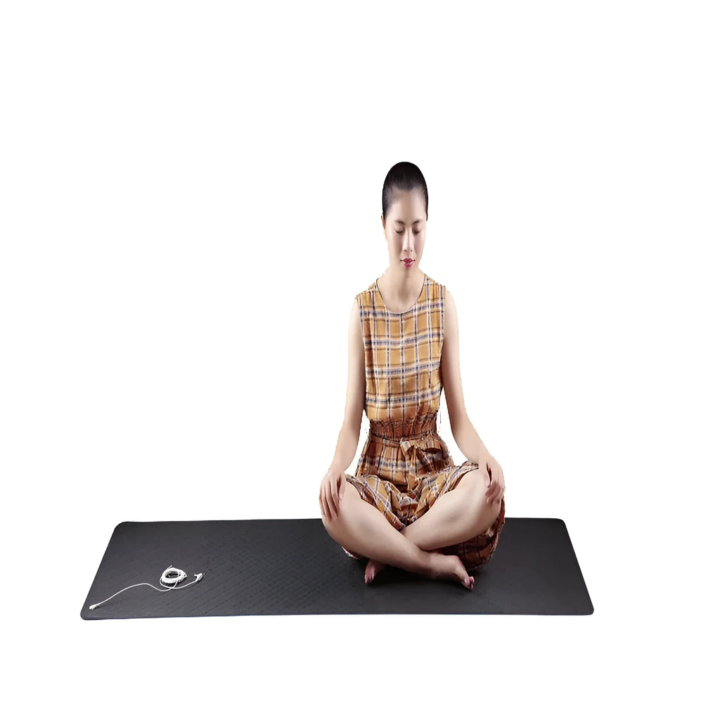Blue conductive yoga mat with grounding wire, plants and flowers pattern, 182cm long by 61cm wide