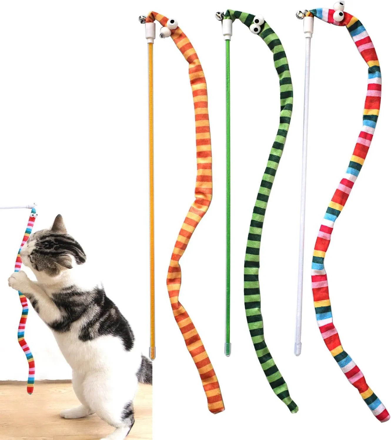 Cat wand toy with polycarbonate handle and long plush strip in vivid colours
