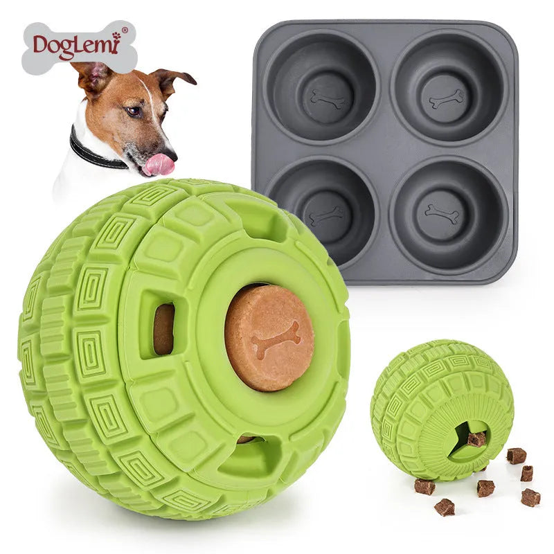 Natural rubber treat dispensing ball toy for dogs in green colour, 14 x 10 x 10 cm