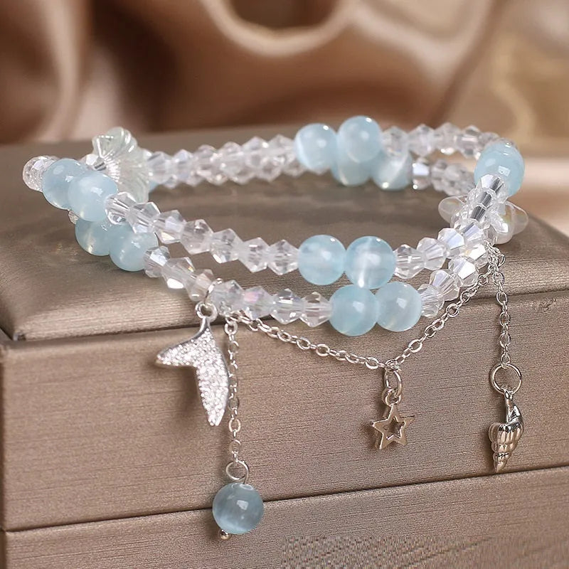 Double circle aquamarine bracelet for women, light blue gemstone in metal setting