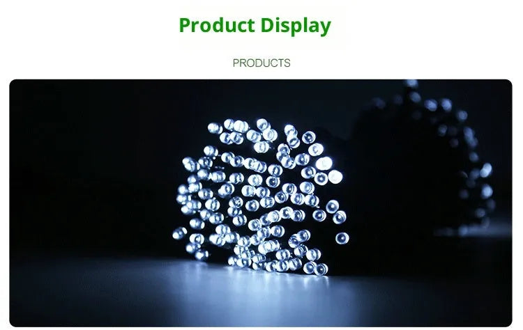 22m solar outdoor LED colour light string with 200 beads, IP65, eight modes, colourful warm blue white
