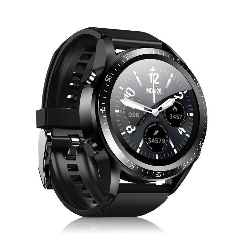 Black smart watch with a 1.28-inch screen displaying health stats on a silicone strap.