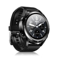 Black smart watch with a 1.28-inch screen displaying health stats on a silicone strap.