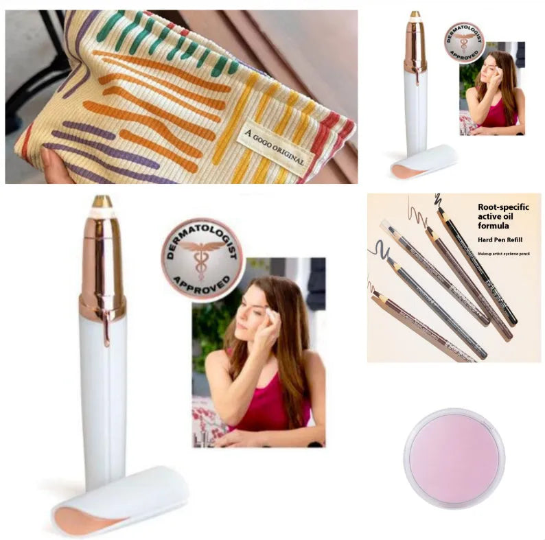 Eyebrow epilator pen with gold plated head and LED light on pink background