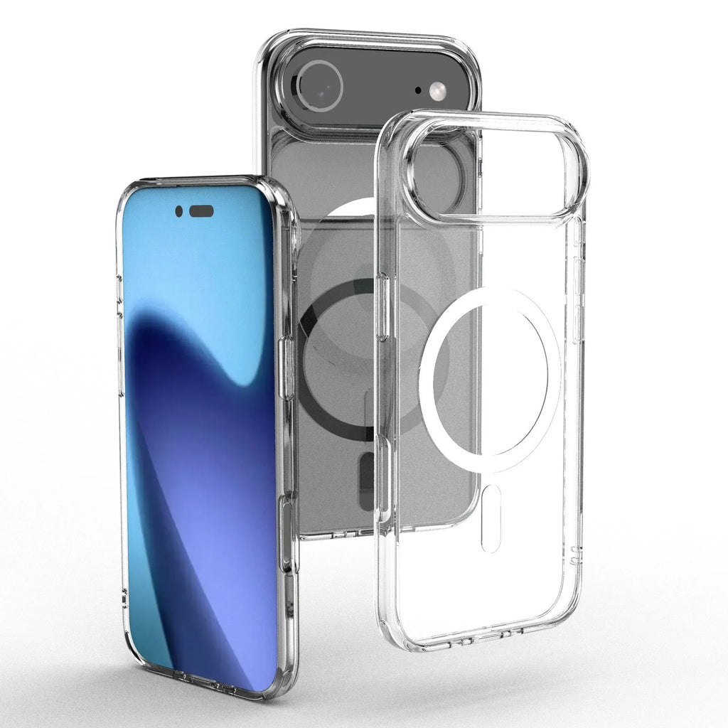 Transparent magnetic iPhone 17 phone case showing TPU composite construction and magnetic charging compatibility