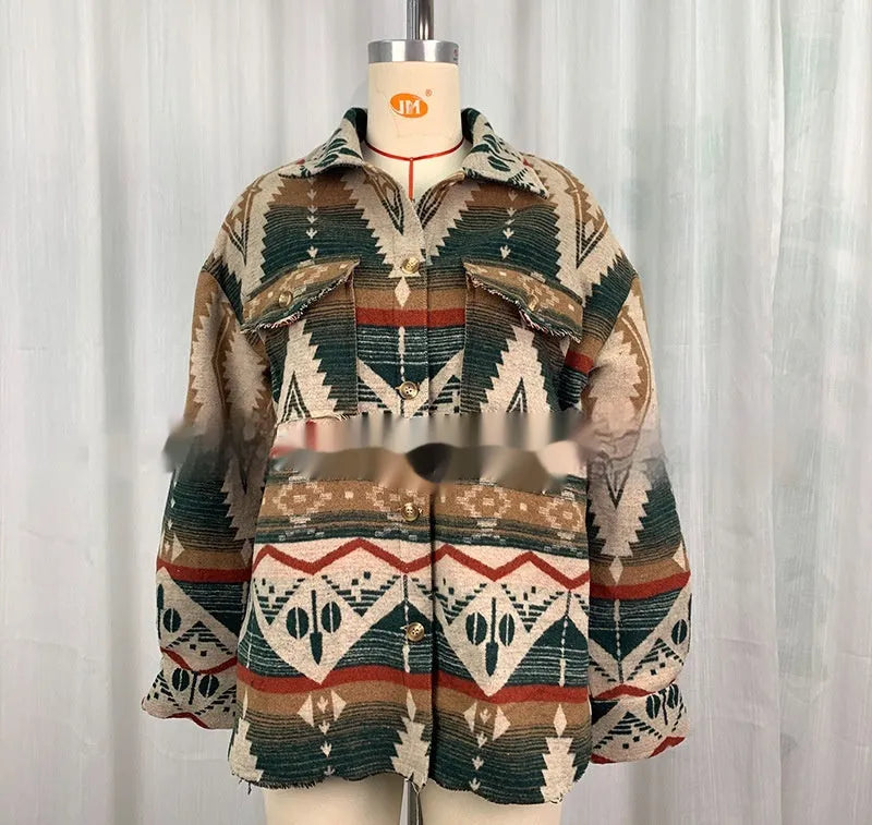 Retro style women's woolen jacket with Aztec printed design in loose fit