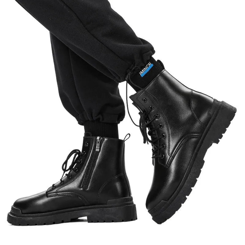 Men's black mid-top tide boots with rubber sole and PU upper in British leather style